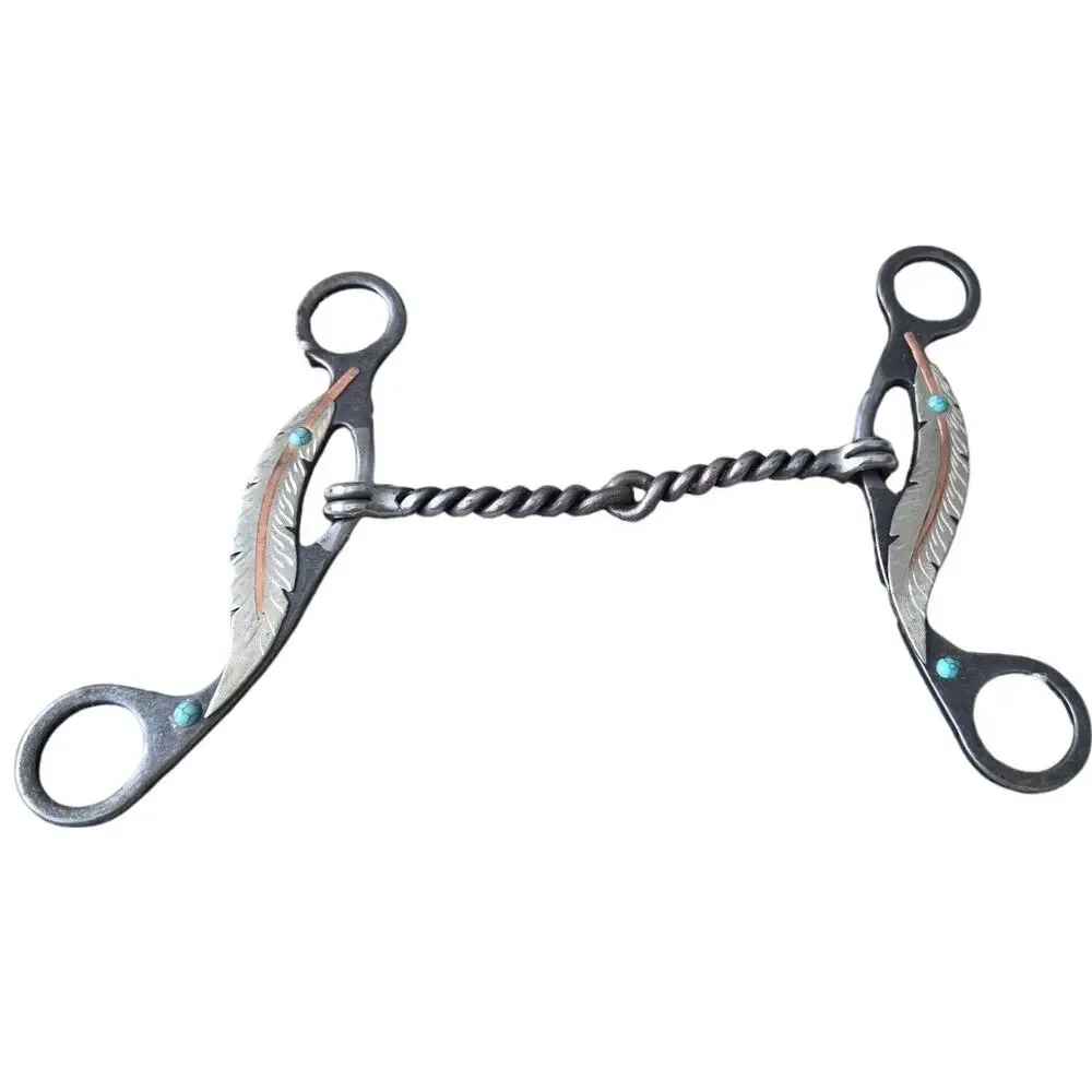 Feather‎ twisted snaffle gag bit silver copper turquoise accents 6